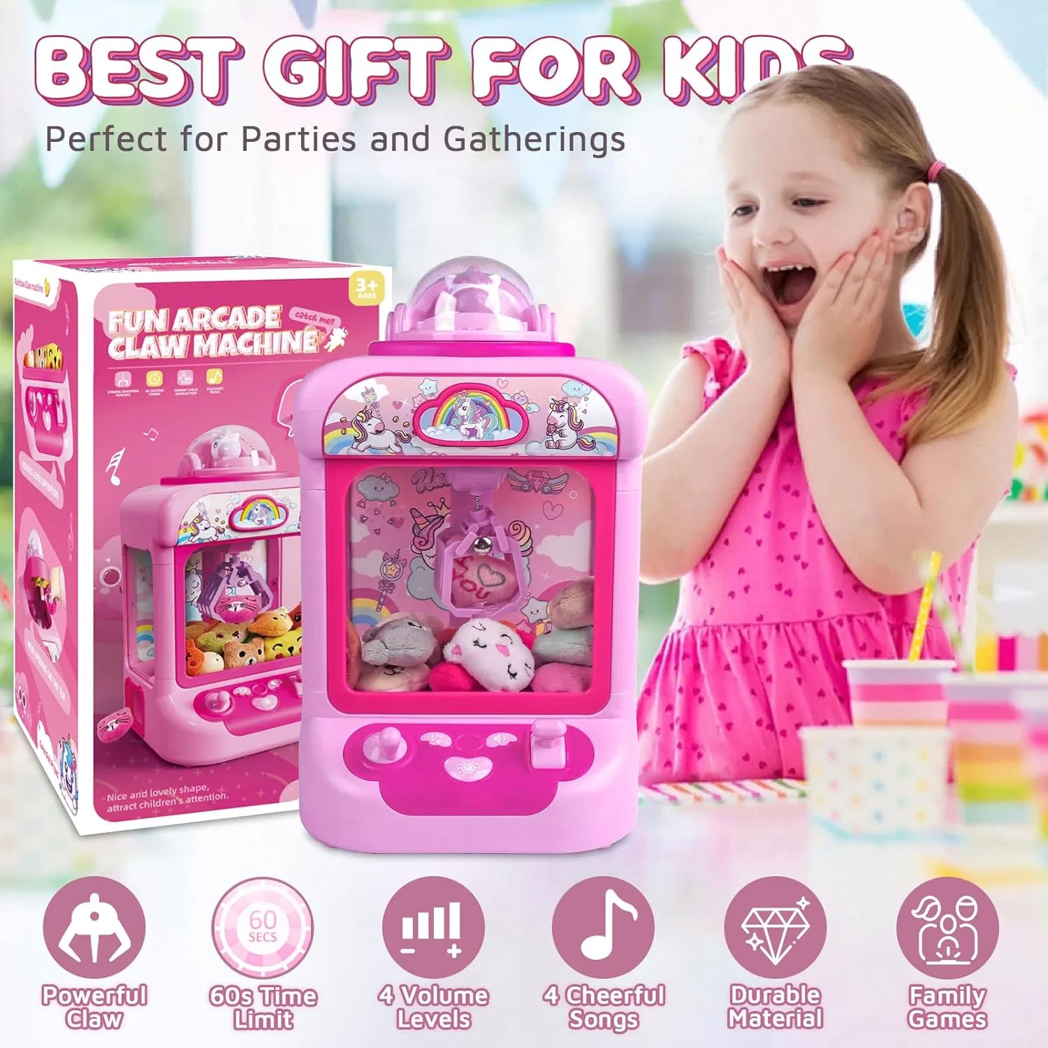 Caja de regalo de mini máquina de garras de unicornio rosa, máquina de juego de agarre de muñecos de peluche pequeños para el hogar con carga USB, set de juguetes educativos interactivos para niños