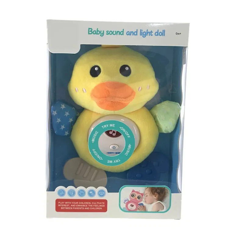 Juguete de peluche suave de pato amarillo musical de cartón para bebés