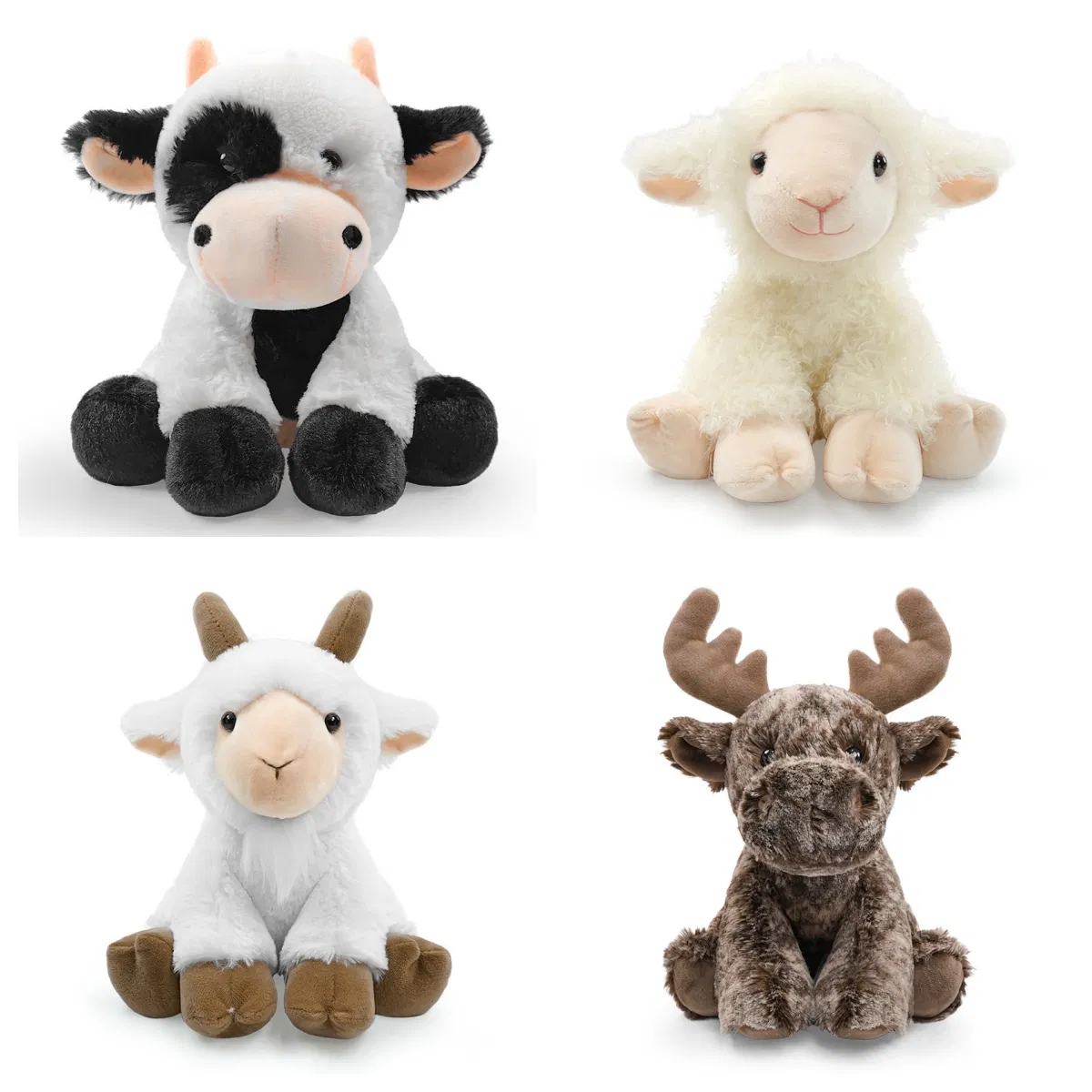 Venta al por mayor de peluches personalizados de animales peludos como vaca, oveja, cabra y ciervo para niños