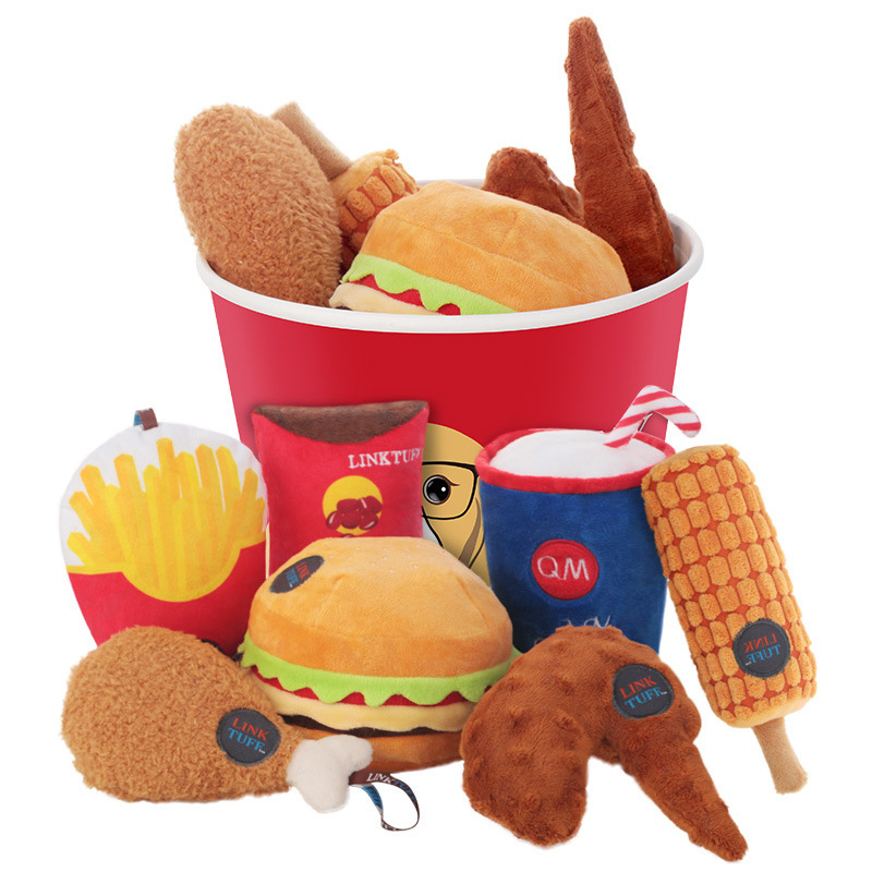 Juguete interactivo de peluche creativo para mascotas, hamburguesa de pollo frito, cubo familiar, juguete masticable y chirriante para perros