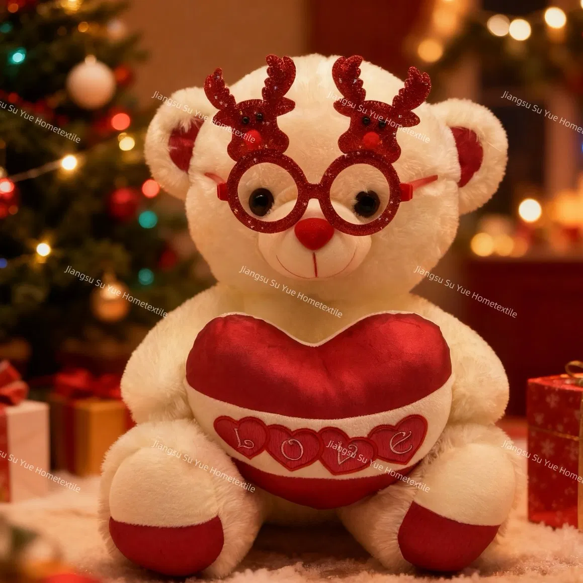 Osito de peluche beige personalizado con almohada en forma de corazón y gafas