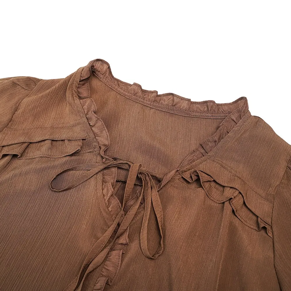 Women's Falbaba V-Neck Blouse and Tops with Long Puff Sleeve