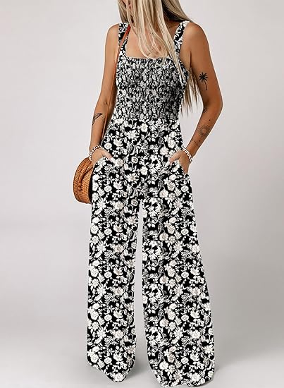 Women's Summer Floral Print Jumpsuit Sleeveless Spaghetti Strap Wide Leg Loose Casual Jumpsuit with Pockets