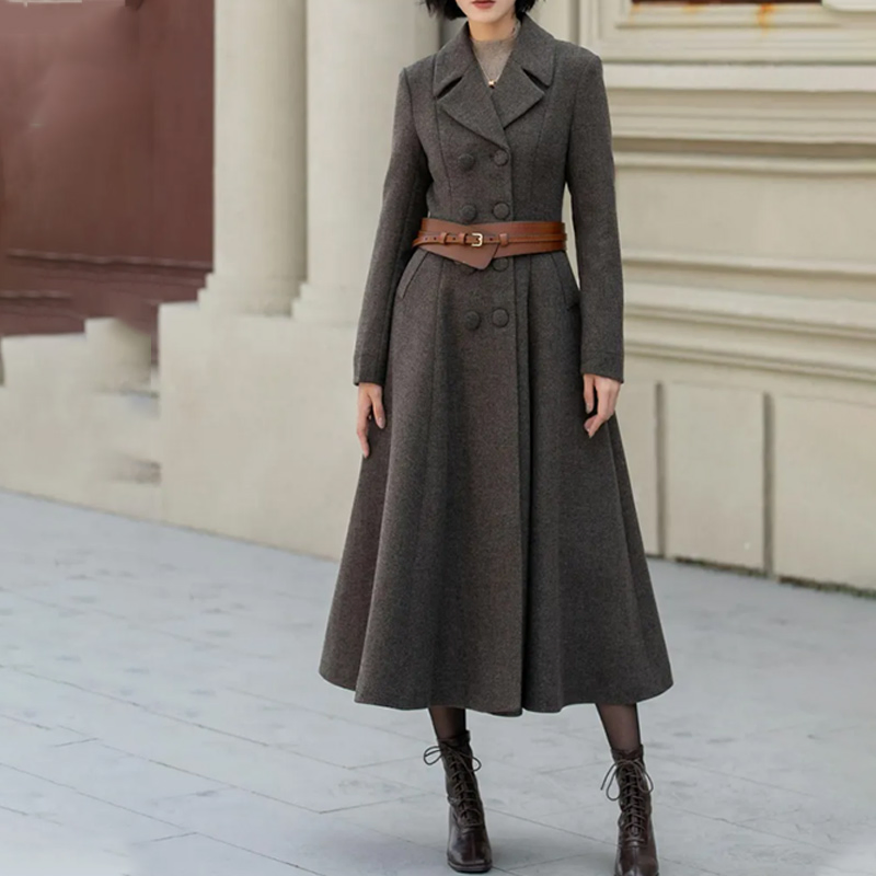 Women's Stylish Brown Maxi Coat with Double-Breasted Design