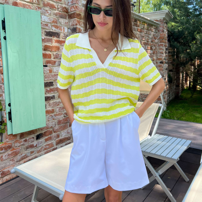 Elegant Casual Viscose Knit Striped Top – Women’ S Short Sleeve V Neck, All-Match Knit Short Sleeve Blouse