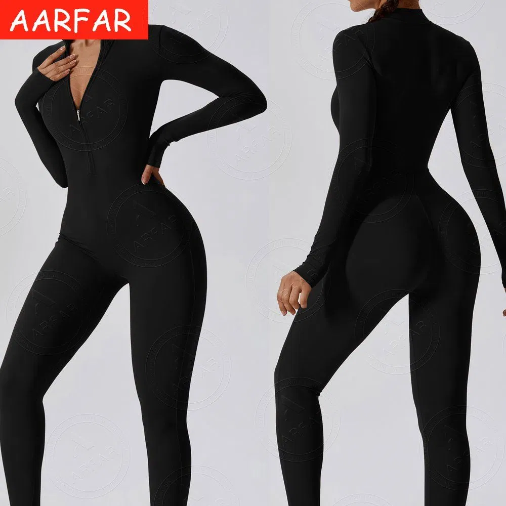 Women's Lightweight Compression Yoga Jumpsuit with Front Zipper Soft Long Sleeve Sports Bodysuit Stretchy Stretch Suit