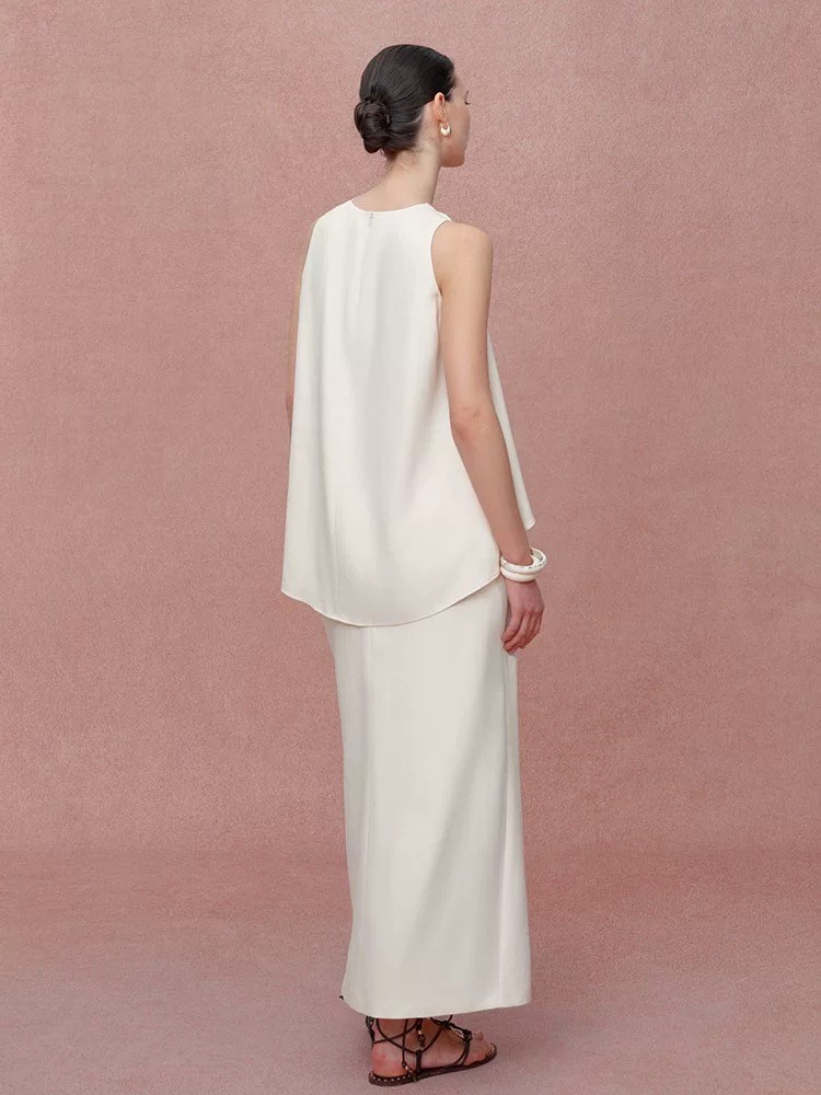 Wholesale Brand Logo Two Piece Women Blouse Set with Long Straight Skirt Customized Sleeveless Round Neckline Blouse