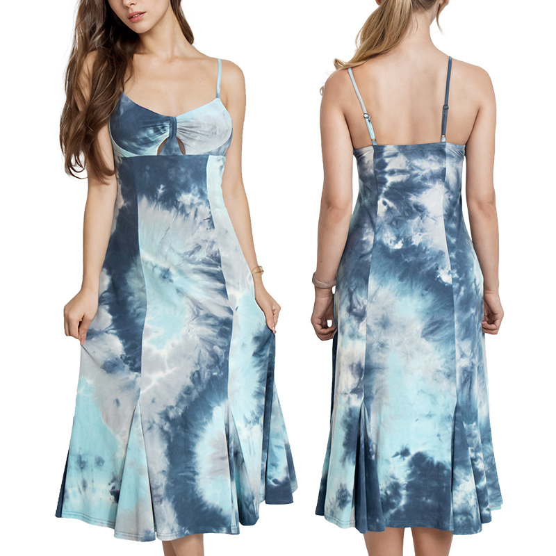 Custom Printed Bamboo Fiber Ladies Fashion Tie-Dye V-Neck Casual Sleeveless Dress Summer MIDI Women's Dresses