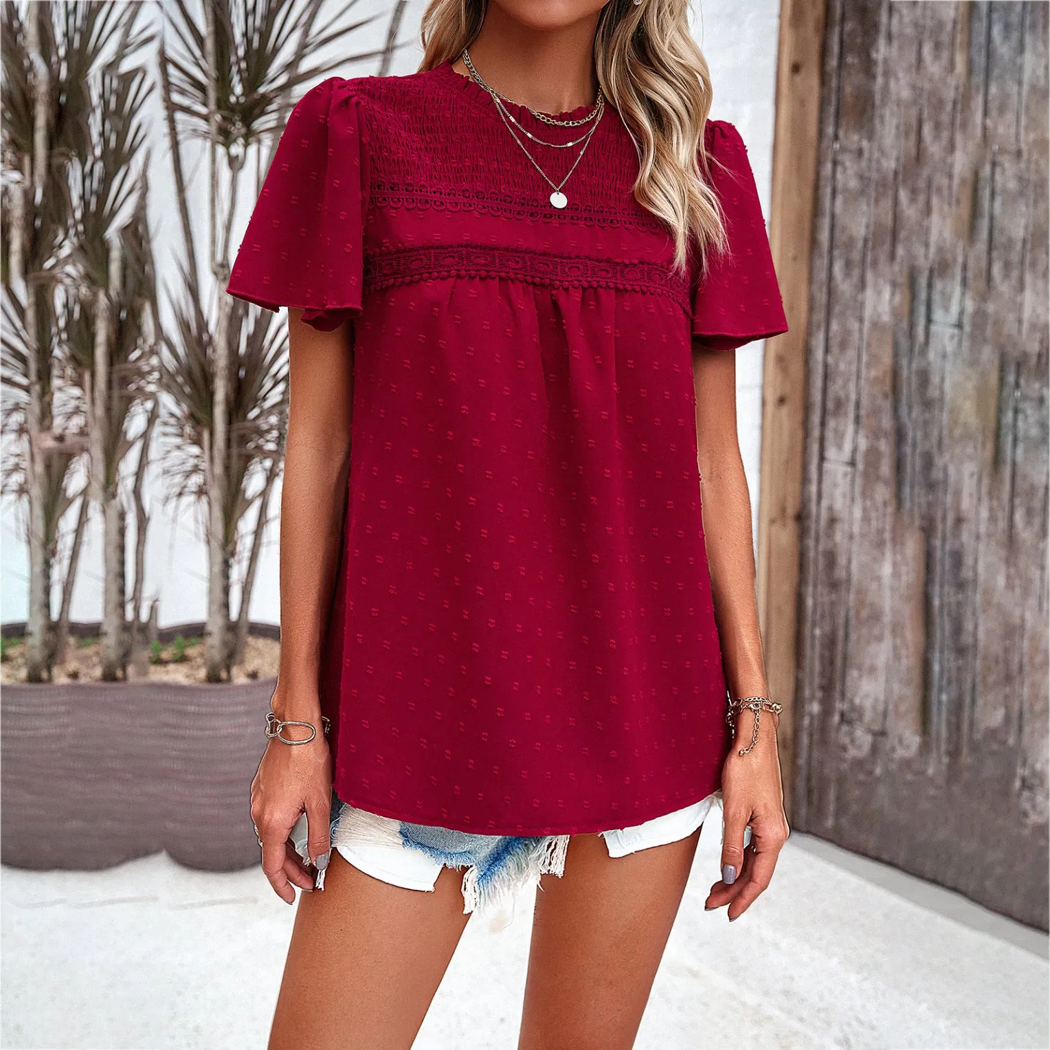 Solid Color Short Sleeve Lace Top Factory Direct Supply Blouse for Women