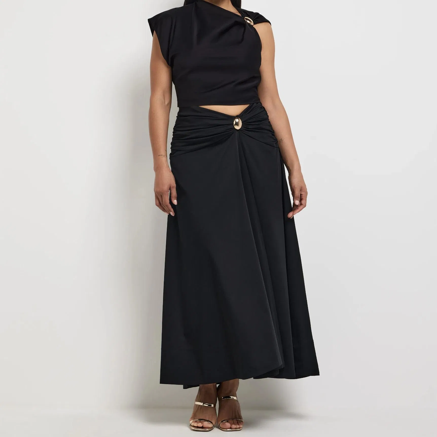 Factory Outlet Women Pleated Metal Buttons School Uniform Maxi Skirt