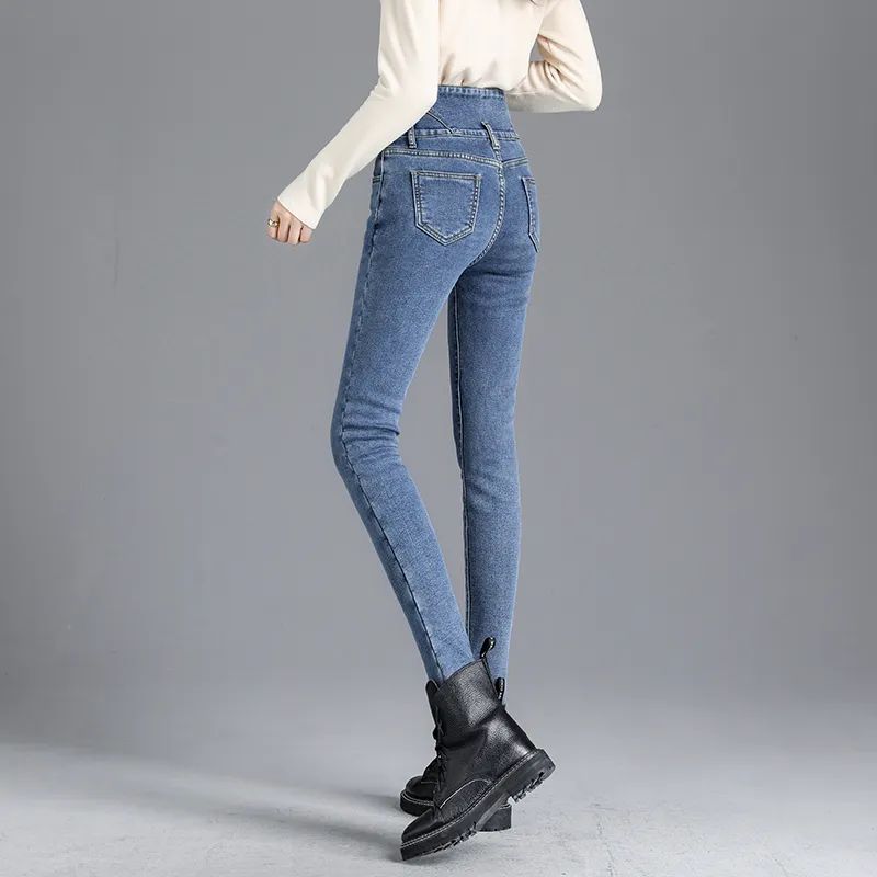 Ladies Casual Denim Thick Velvet Fleece Lined Skinny Jeans Women