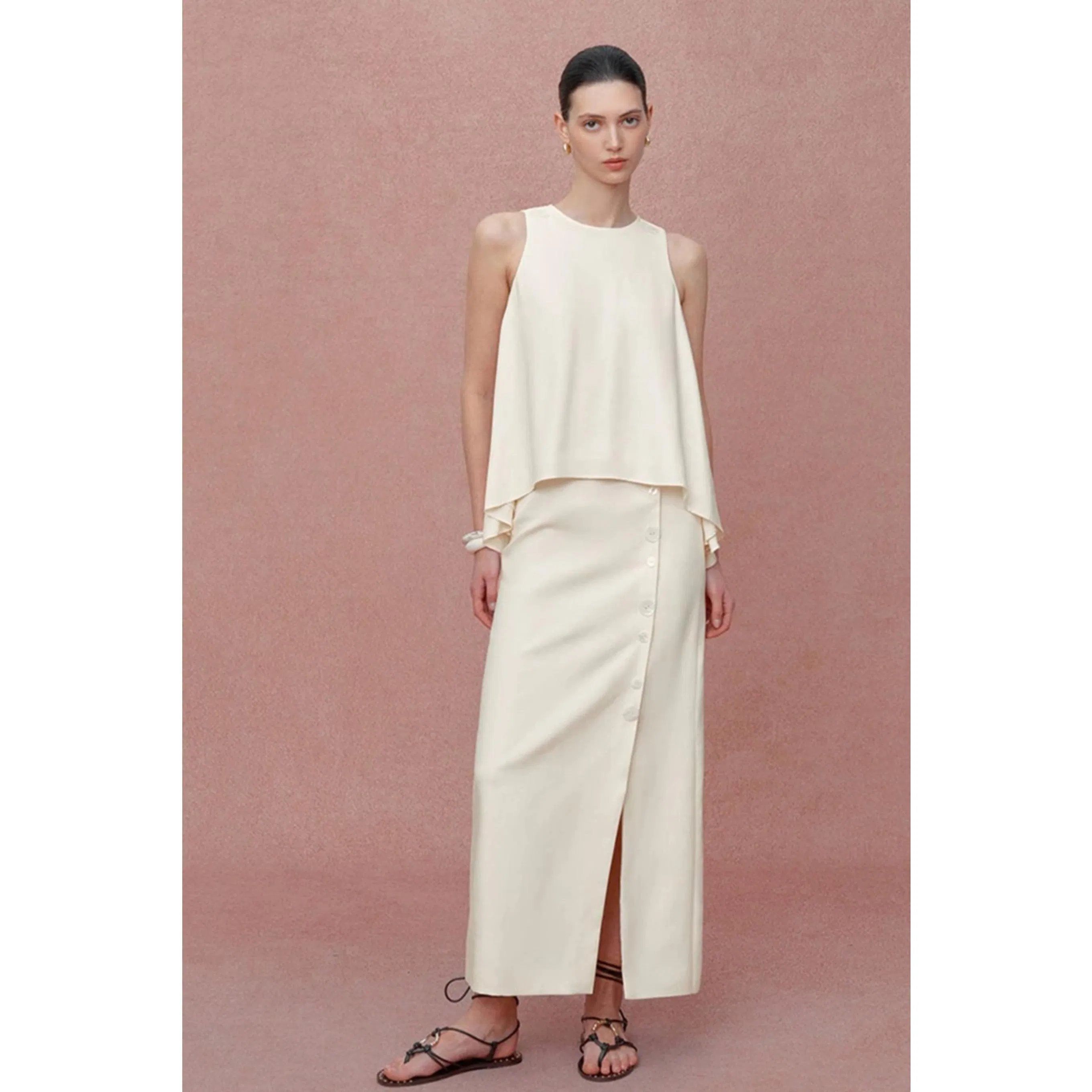 Wholesale Brand Logo Two Piece Women Blouse Set with Long Straight Skirt Customized Sleeveless Round Neckline Blouse