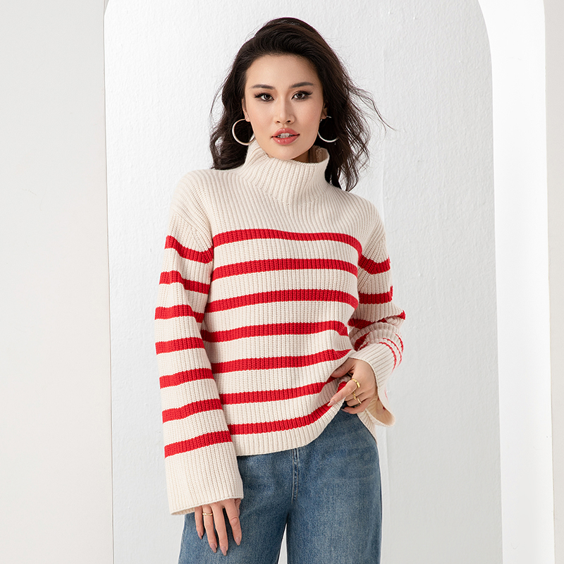 Wholesale Long Sleeve Turtleneck Jumper Luxury Striped Pattern Knitwear Women Wool Sweater for Winter