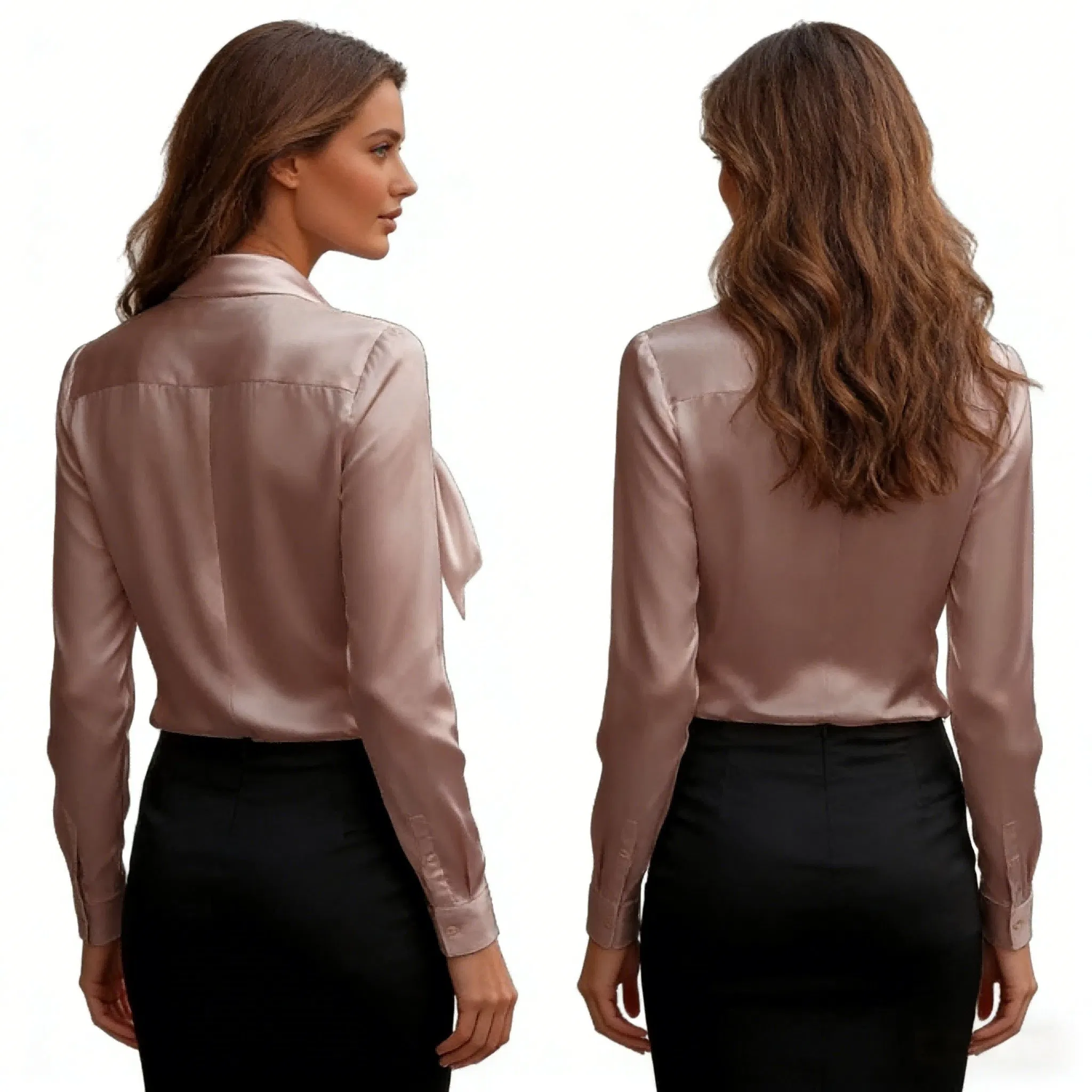 Hot Sale Women's High Quality Solid Color Tie - Neck Dress Blouse, Fashion Satin Slik Long - Sleeve Shirt