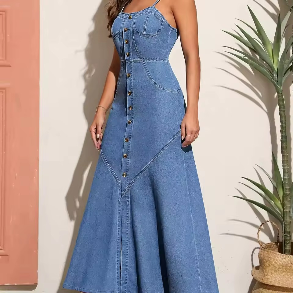 High Quality Women Wholesale New Design Blue Sleeveless Maxi Denim Dress Overall Casual Formal Single Button Fashion for Ladies