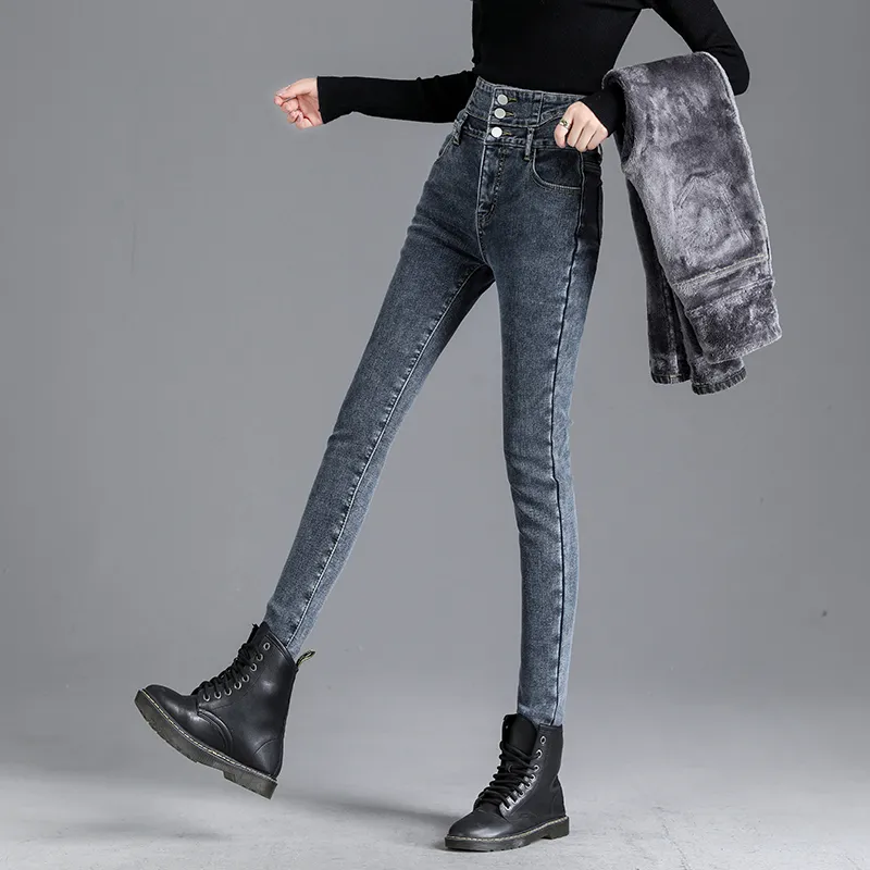 Ladies Casual Denim Thick Velvet Fleece Lined Skinny Jeans Women