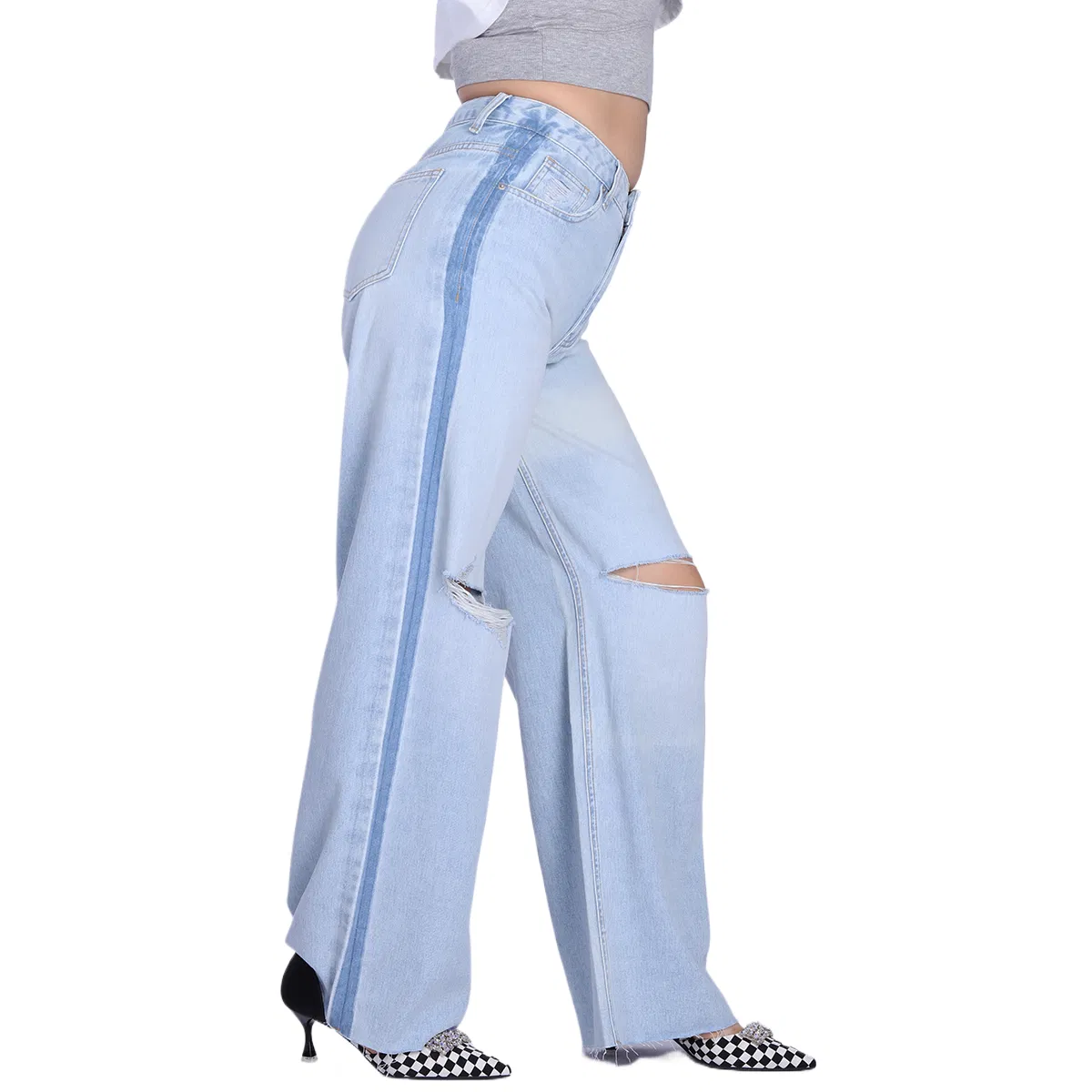 Custom Breathable Light Blue Straight Ripped Loose Raw Hem Mom Women Jeans