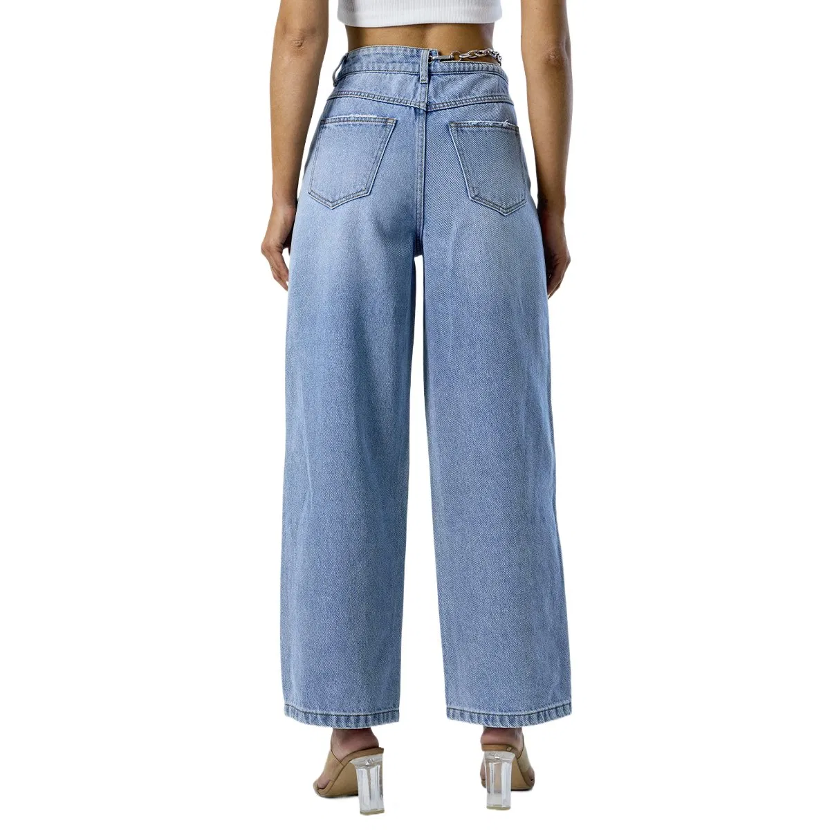 Fashion Wide Leg Pants Cut off Waist Straight Denim High Quality Jeans for Women