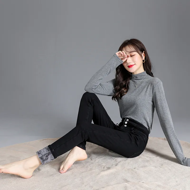 Ladies Casual Denim Thick Velvet Fleece Lined Skinny Jeans Women