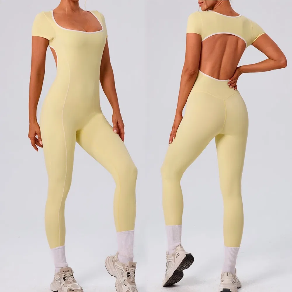 New American and European Style Backless Short Sleeve Pole Dance Yoga Unitard Square Neck Stretch Contrast Gym Workout Jumpsuit with Bra for Women