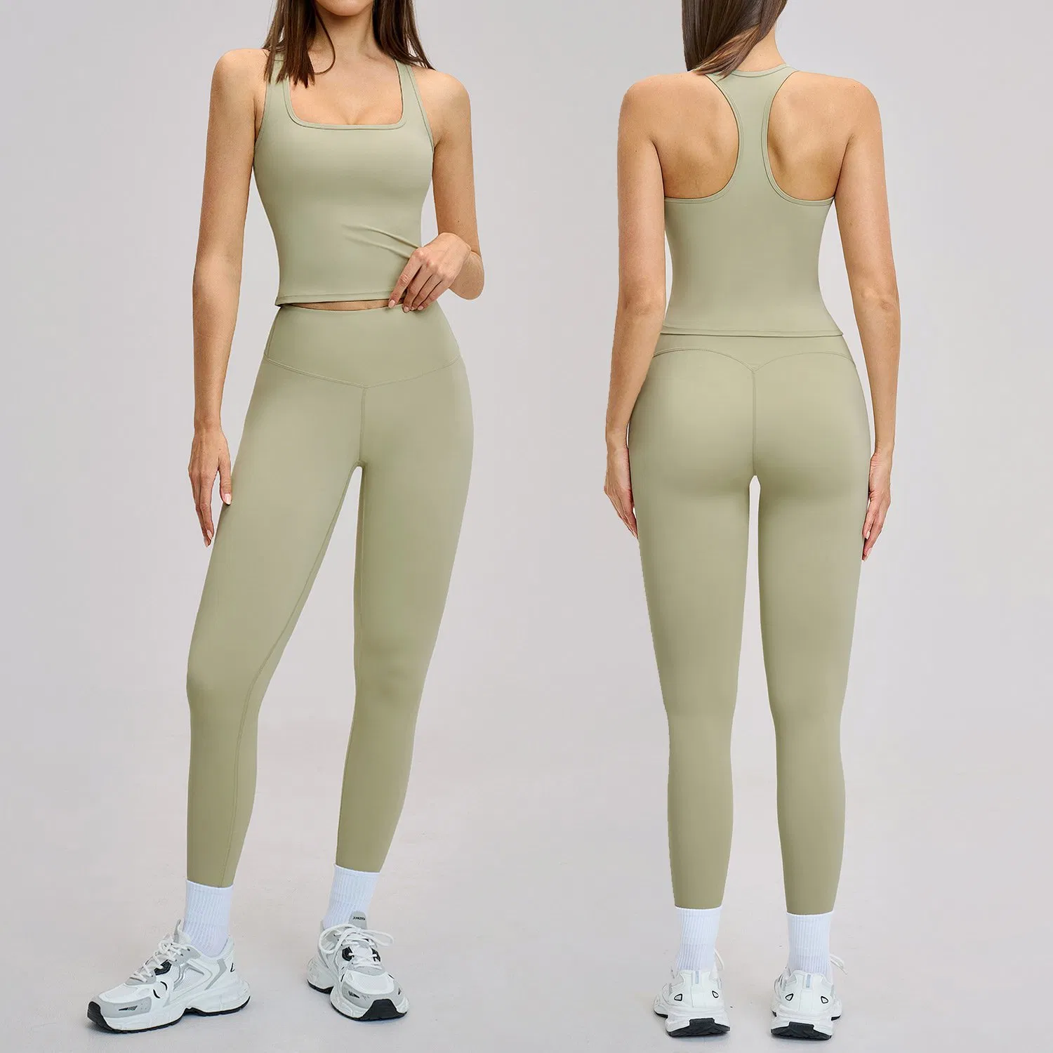 Athletic Women's Breathable Workout Yoga Gym Clothes Racerback Crop Tank + High Waisted Fitness Leggings, 2PCS Matching Running Activewear