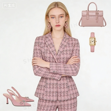 Pink Tweed Two-Piece Blazer Suit Set - Chic Women's Business Formal Wear
