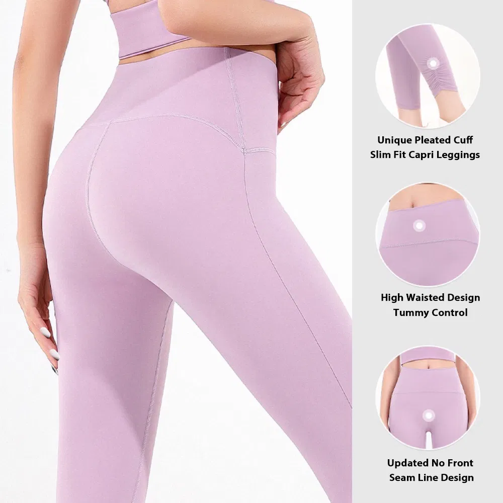 Factory New Design 2PCS Fancy Activewear for Women, Soft Stretch Yoga Crop Top with Bra, High Waisted Booty Lifting 7/8 Capri Workout Leggings with Pleated Cuff