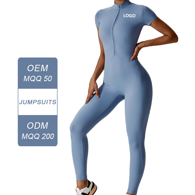 Wholesale Factory Summer Women's One Piece Short Sleeves Leggings Zipper Front Tummy Control Dry Fit Gym Sports Wear Set Sports Romper Jumpsuit