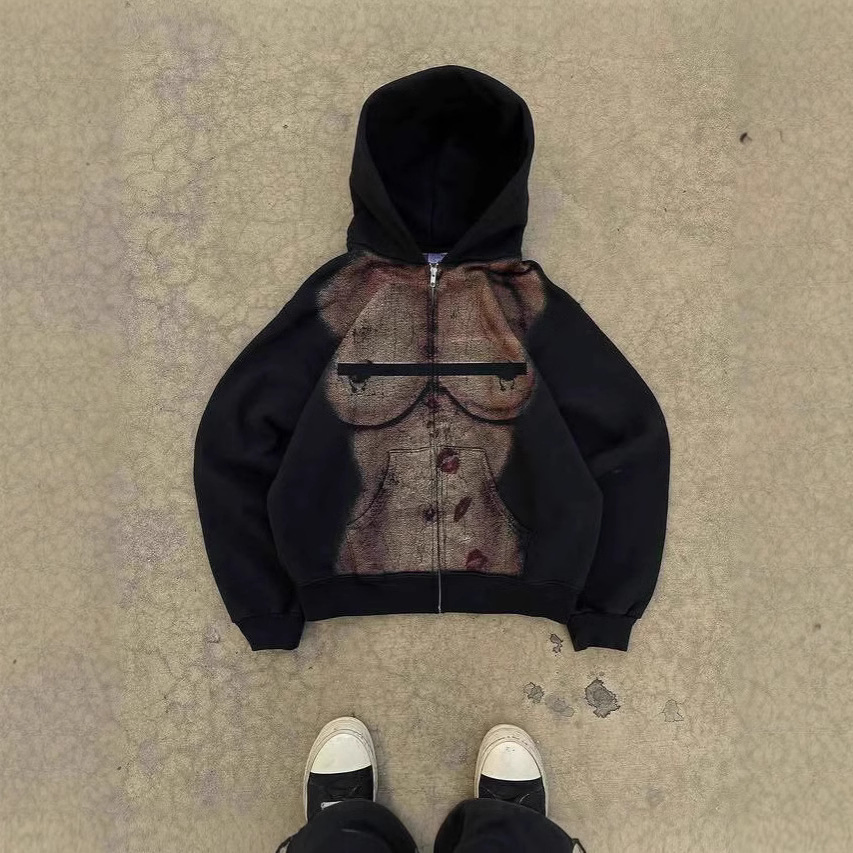 American Hoodie Autumn and Winter Slim Hooded Zipper Street Trend Black Thin Fashion Men and Women with The Same