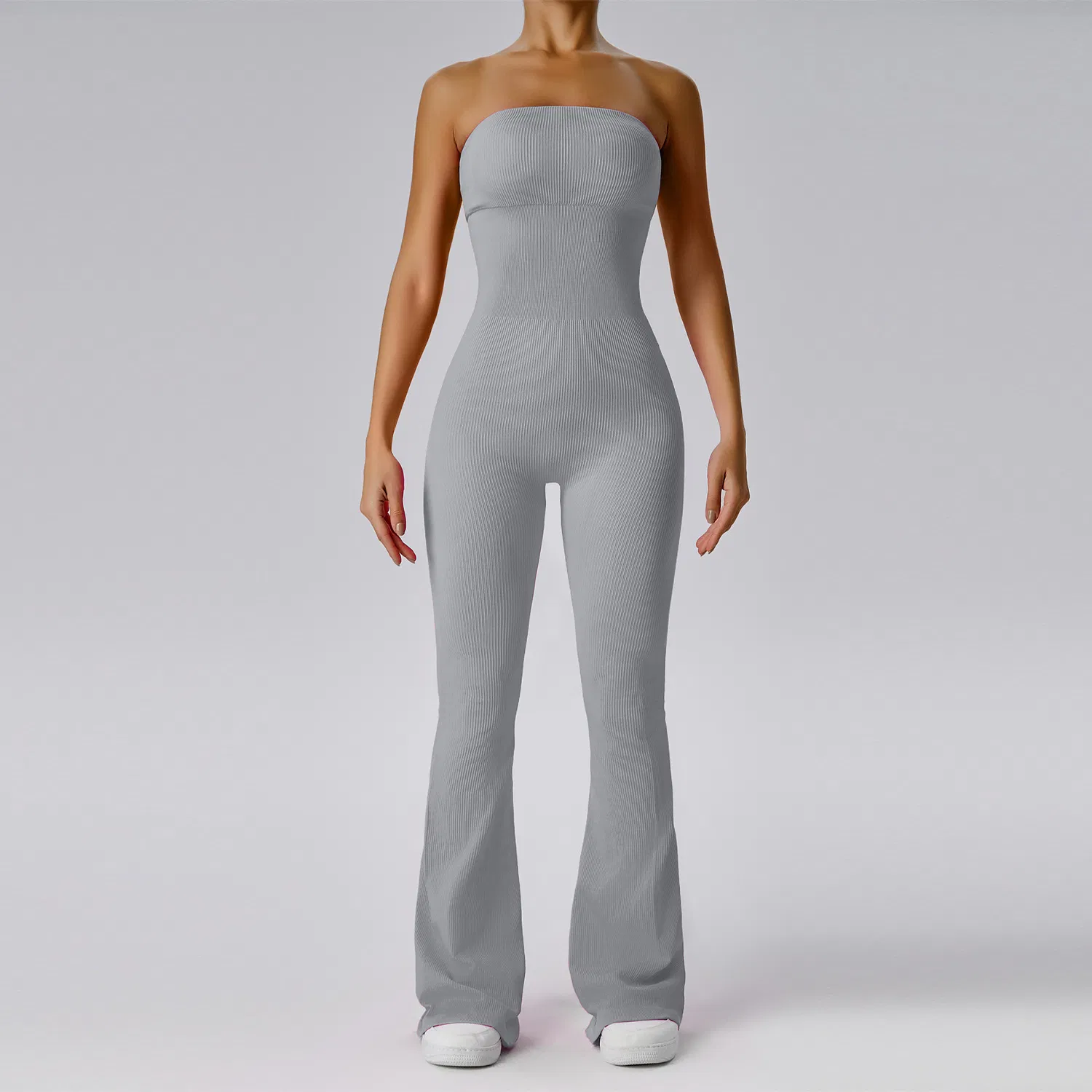 Women Solid Color Ribbed Thick Yoga Flare Bodysuit Lady Gym Overall Tube Top Female High Stretch Tight Sports Jumpsuit