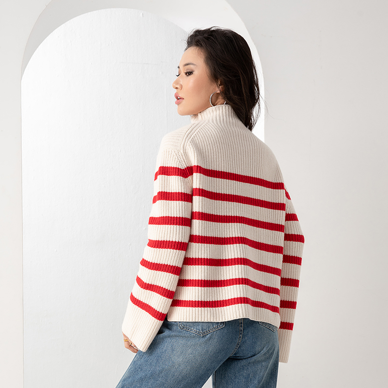 Wholesale Long Sleeve Turtleneck Jumper Luxury Striped Pattern Knitwear Women Wool Sweater for Winter