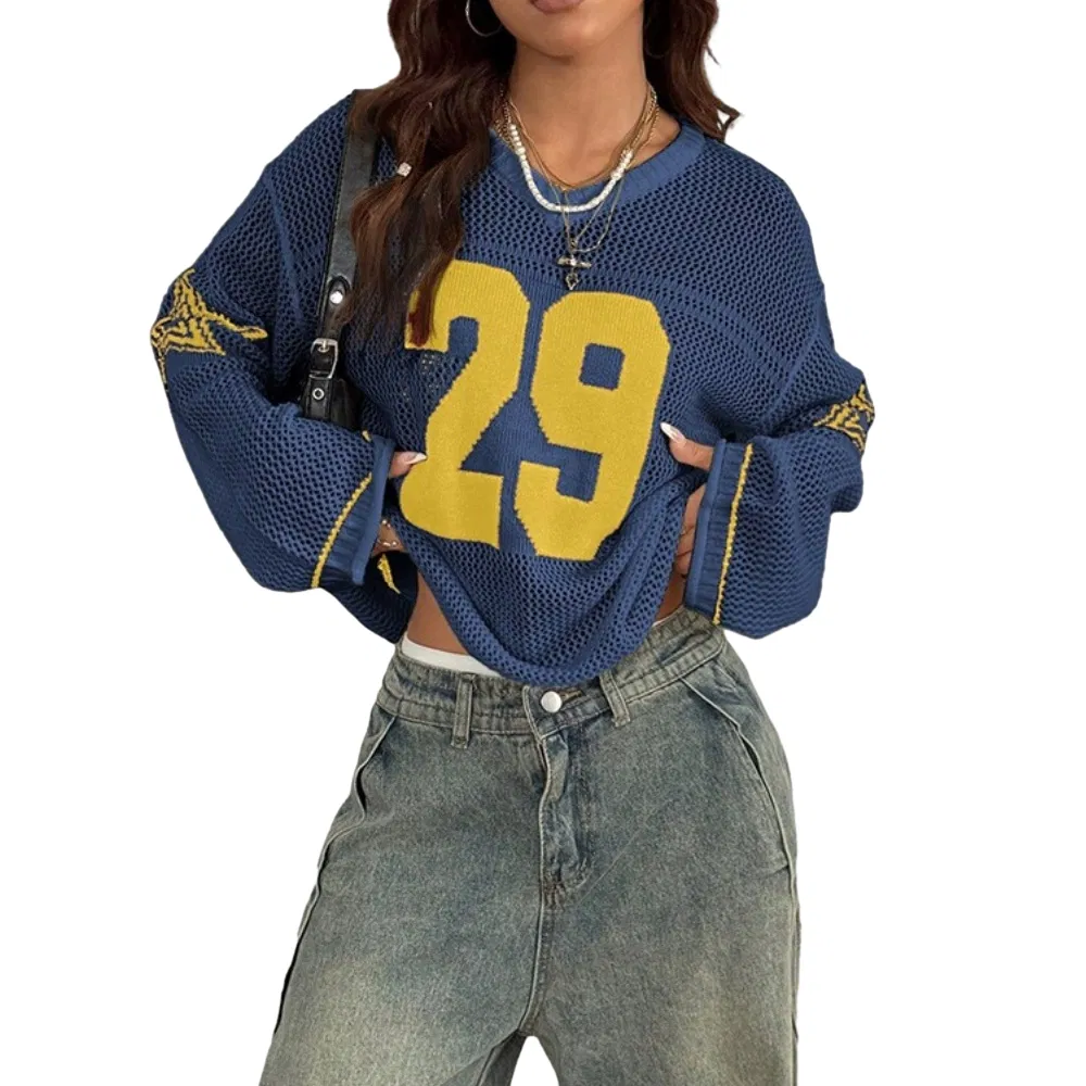 Fashion Dark Blue Jacquard Number Long Sleeve Summer Women's Crochet Knit Sweater