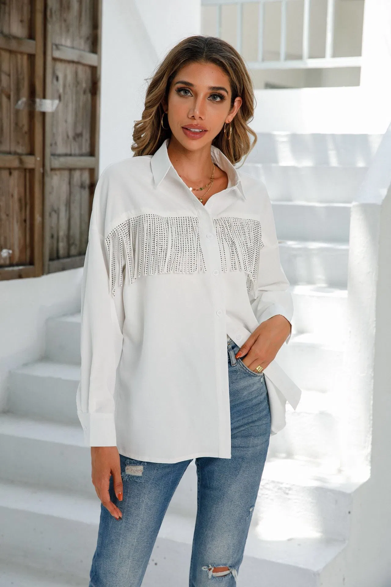 Women's Fashion Tassel Long Sleeve Popular off Shoulder Sleeve Plain Blouse