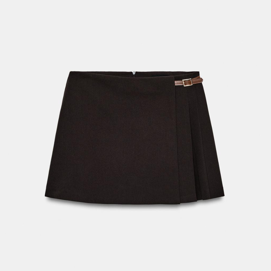 Women's Short Skirt Featuring Front Pleats Contrast Belt Loop Metal Buckle Invisible Back Zip Fastening Women Mini Skirt