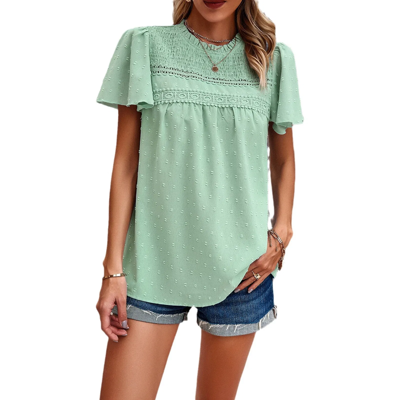 Solid Color Short Sleeve Lace Top Factory Direct Supply Blouse for Women