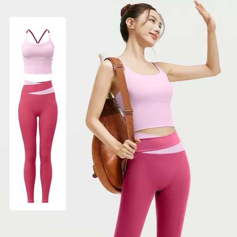 Hot Sale Patchwork 2 Pieces Fitness Clothing Suit Cross Back Tit Fit Vest + High Waist Workout Leggings Yoga Wear Set Women's Activewear