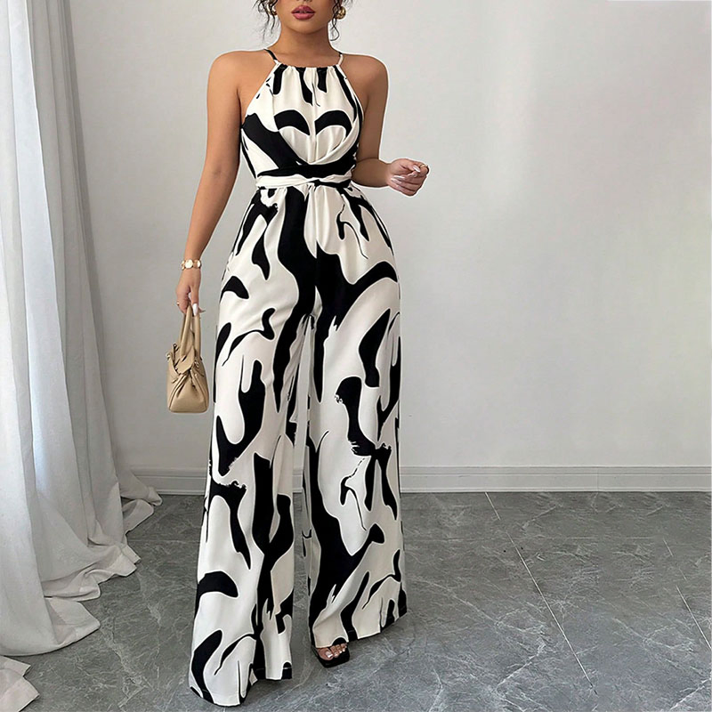 Summer Style Spaghetti-Strap Jumpsuit, Milk Pattern Lace-up Halter Jumpsuit for Women