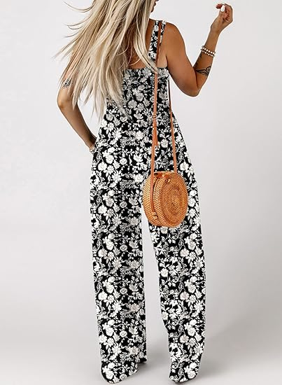 Women's Summer Floral Print Jumpsuit Sleeveless Spaghetti Strap Wide Leg Loose Casual Jumpsuit with Pockets