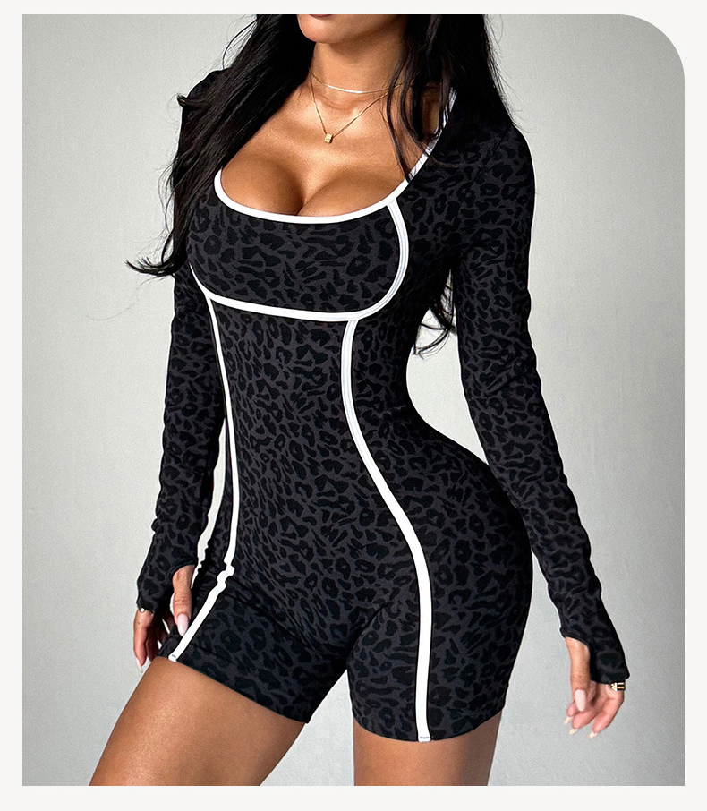 Leopard Print Long-Sleeved Sports Yoga Gym Jumpsuit for Women Fitness Wear