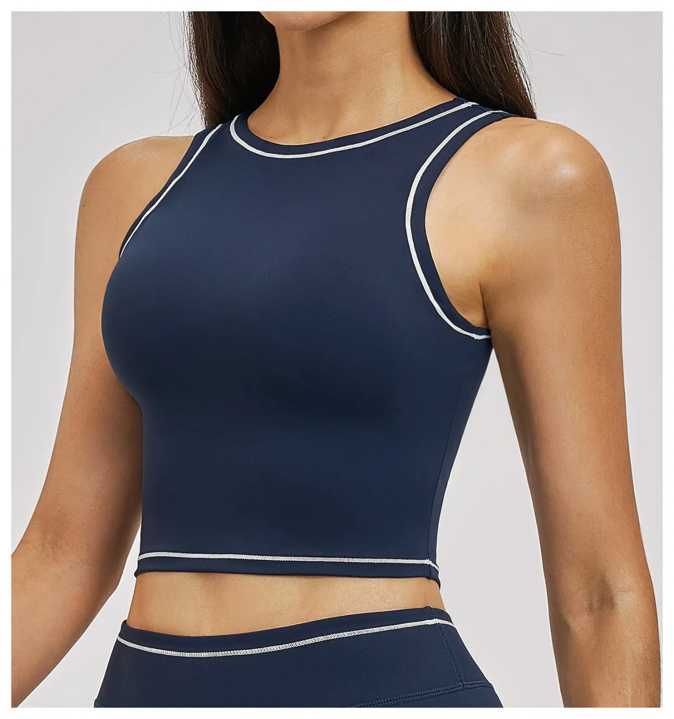 Women's Contrast Piping Crop Tank Top with Removable Pads, Round Neck, High Elasticity, Quick Dry for Gym Yoga