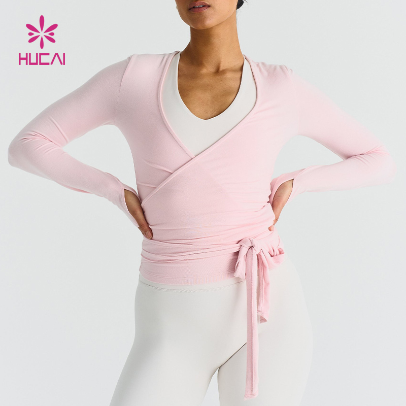 Custom Long Sleeve Women Gym Active Yoga Wear Ballet Wrap Crop Top