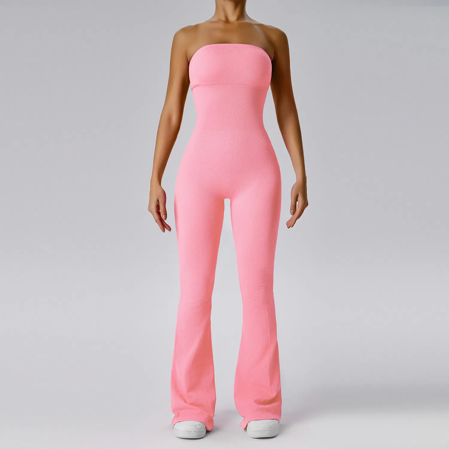 Women Solid Color Ribbed Thick Yoga Flare Bodysuit Lady Gym Overall Tube Top Female High Stretch Tight Sports Jumpsuit