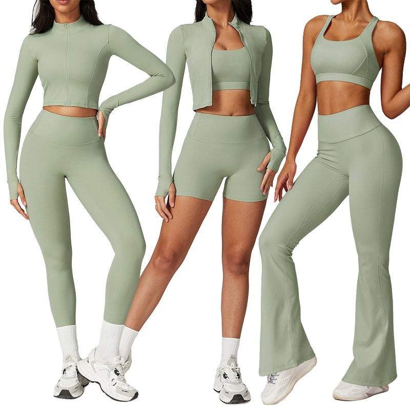 Women's Gym Fitness Activewear Solid Pattern Long Sleeve Yoga Top High-Waist Leggings Workout Clothing with Sports Bra