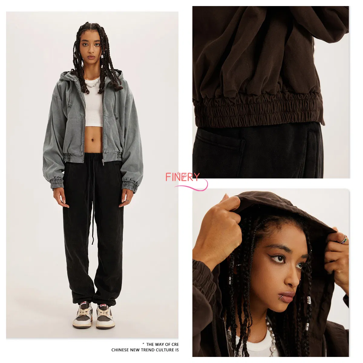 460GSM 100%Cotton Vintage Tops De Mujer Gray Washed Women's Oversize Hoodie OEM Premium Zip up Cropped Plain Hooded Sweatshirt