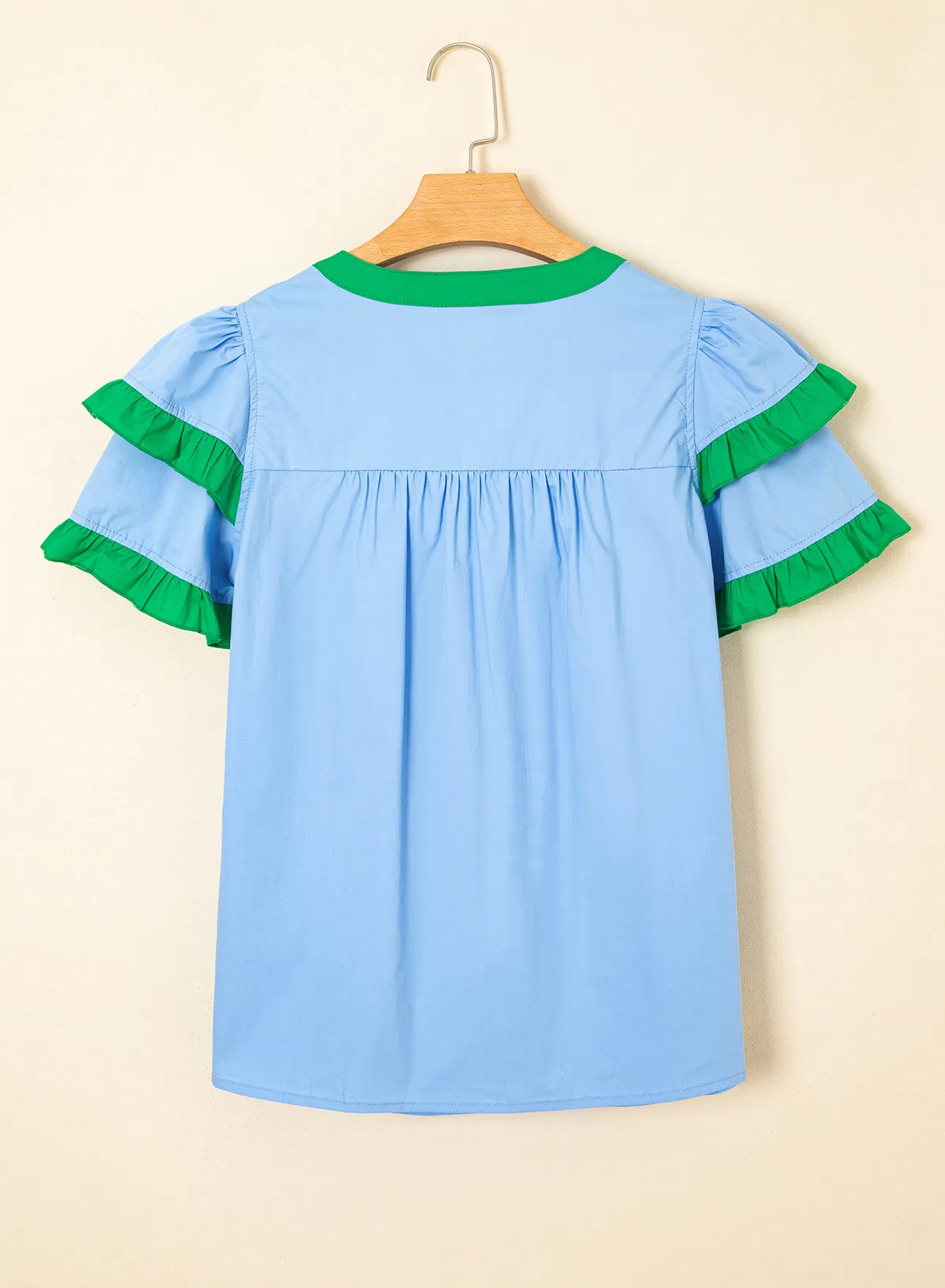 Dear-Lover Fashion Boutique Wholesaler Manufacturers Contrast Notched Neck Frilly Detail Fashion Knitted Women Cotton Blouse