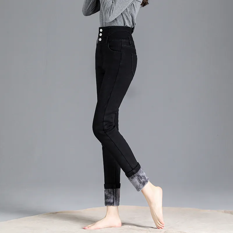 Ladies Casual Denim Thick Velvet Fleece Lined Skinny Jeans Women