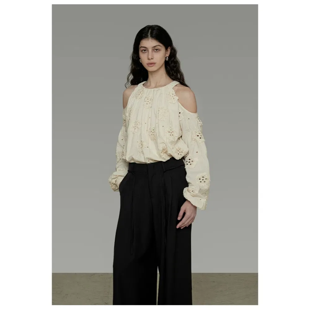 China High Quality Custom Wholesale Cotton Factory Direct Cold Shoulder Blouse Women Loose Fit Slim Vintage Embroidery Top