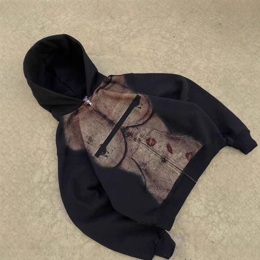 American Hoodie Autumn and Winter Slim Hooded Zipper Street Trend Black Thin Fashion Men and Women with The Same