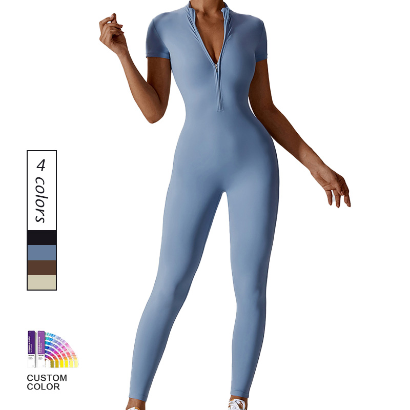 Wholesale Factory Summer Women's One Piece Short Sleeves Leggings Zipper Front Tummy Control Dry Fit Gym Sports Wear Set Sports Romper Jumpsuit