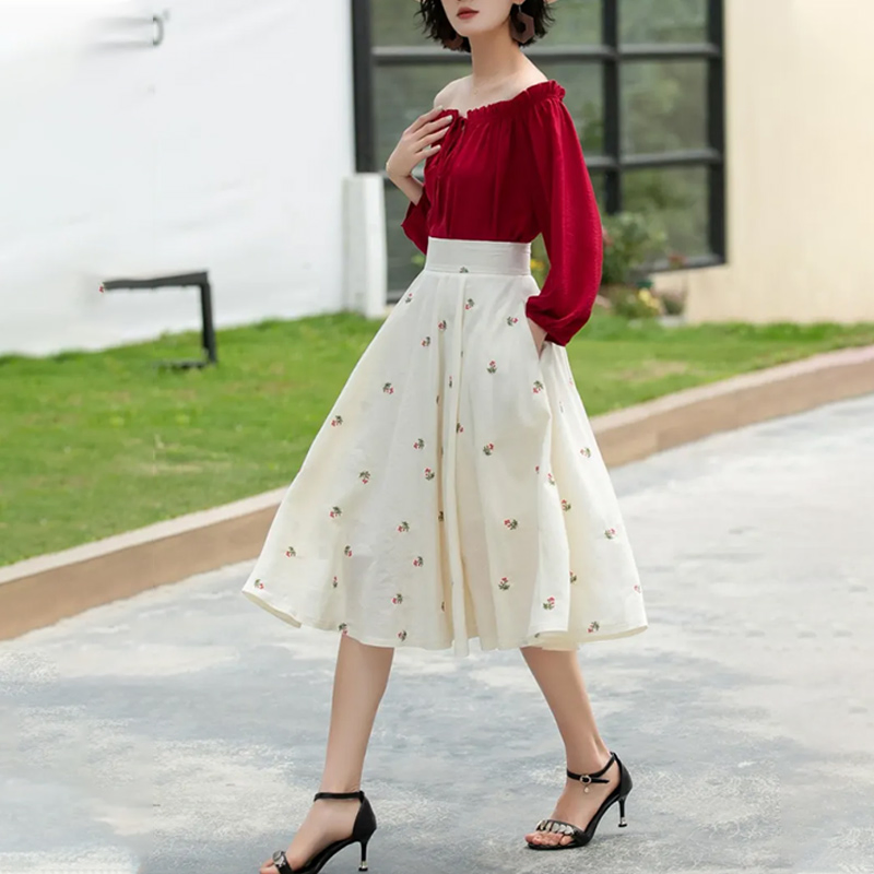 Stylish Women's High Waisted Floral Linen MIDI Skirt with Pockets